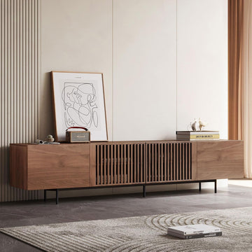 Mid Century Modern TV Stand for 80+ Inch TVs, 94.48" Walnut Console with Ample Storage - Stylish Entertainment Center