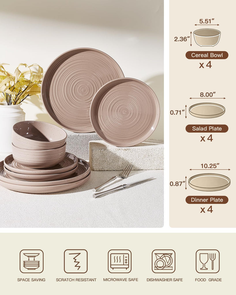 Stoneware Dinnerware Sets for 4, Plates and Bowls, Brown