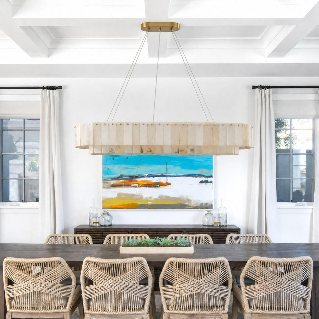 48 Inch Large Rectangular Alabaster Chandelier, 18 Light Modern Linear Pendant Light with Natural Stone Panels