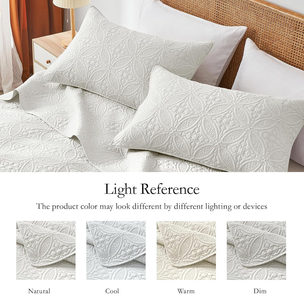 King/Cal King Quilt Set Cream, Microfiber Lightweight Bedspreads, Ultrasonic Embossed Solid Coverlet, Thin Bedding