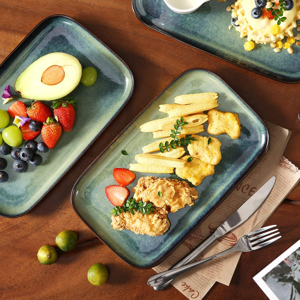 Stern Serving Platters Set of 4, 11 Inches Rectangular Ceramic Serving Plates, Green Serving Trays for Entertaining