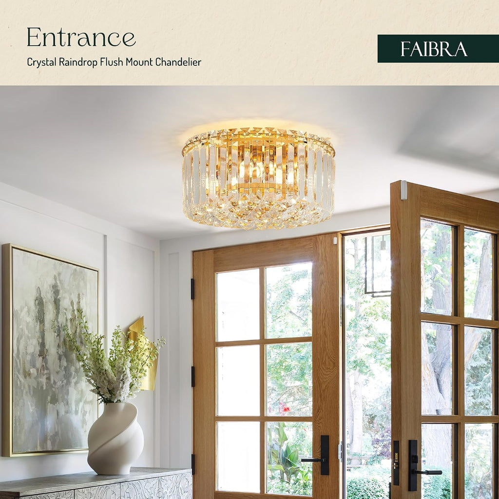 12.6" Gold K9 Crystal Raindrop Flush Mount Ceiling Light, Modern Chandelier, Round Luxury Light Fixture