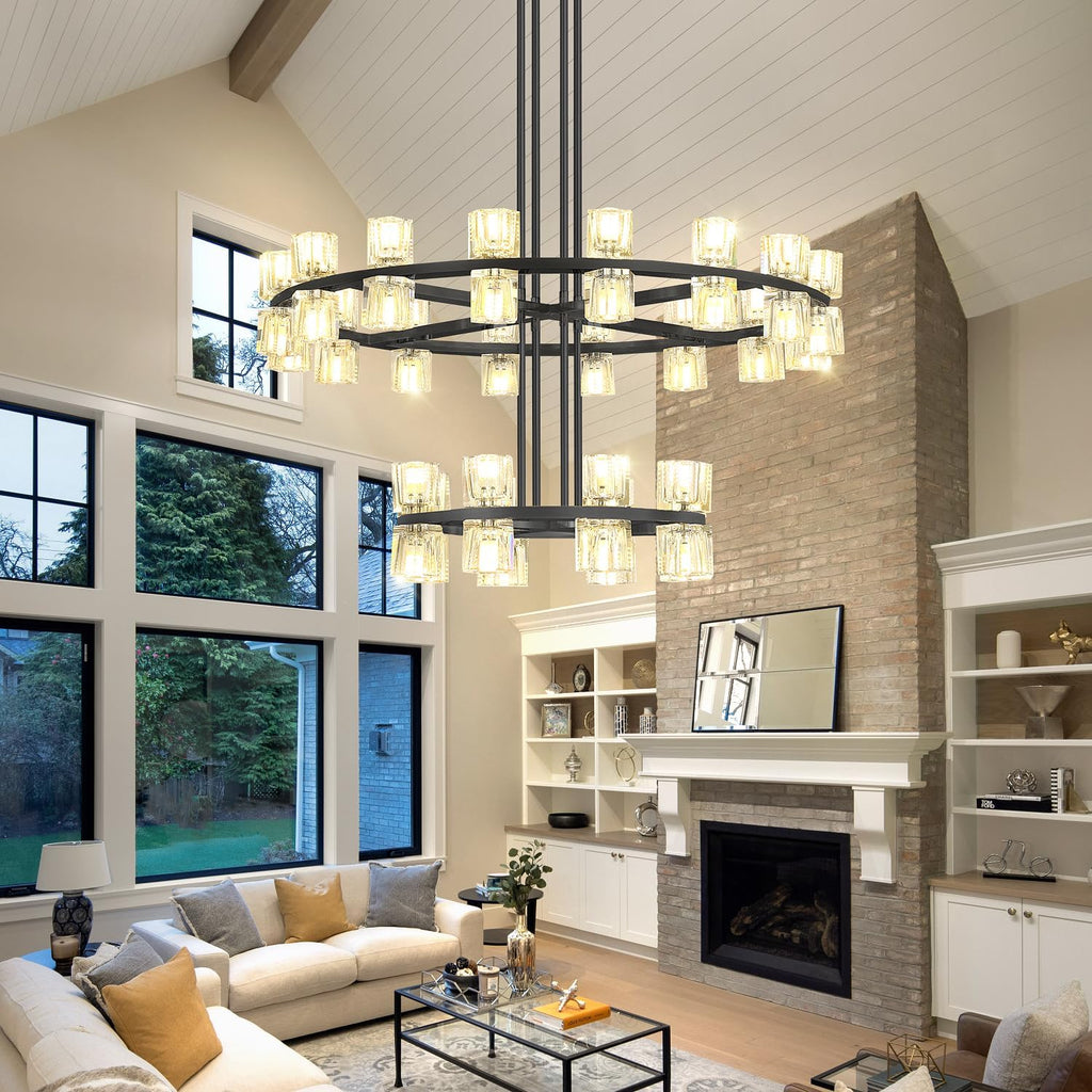 Inspired Arcachon Style 2-Tier Round Wagon Wheel Chandelier, 16" + 32" 48-Light Black — Foyer, Great Room & Dining