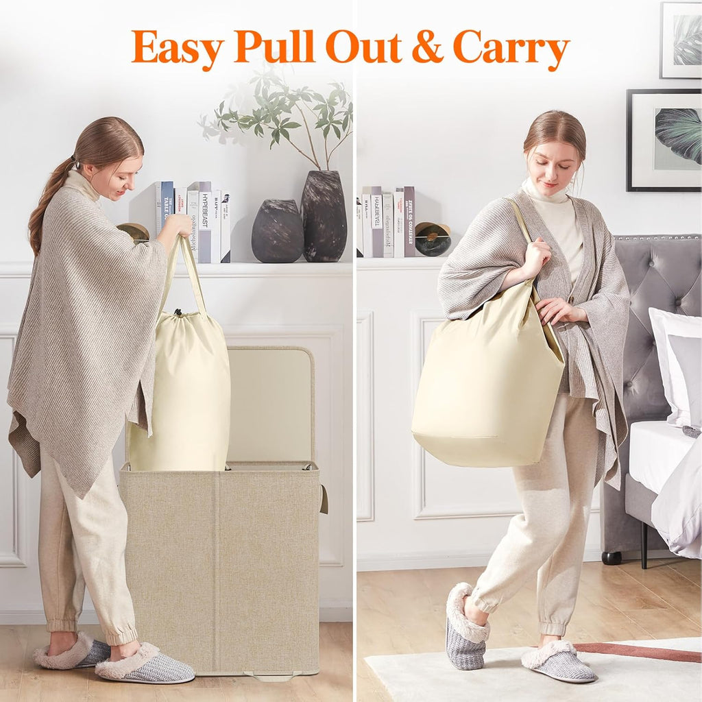 Double Laundry Hamper with Lid and Removable Laundry Bags, Large Collapsible 2 Dividers Dirty Clothes Basket with