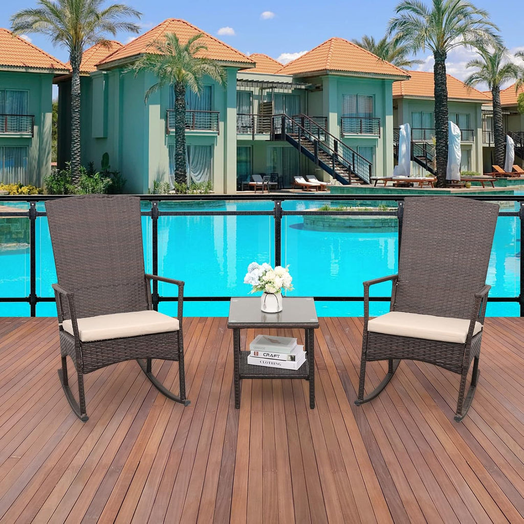 Outdoor Wicker Rocking Chair 3 Piece Porch Chairs Patio Bistro Set PE Rattan Furniture Sets with Coffee Table, Khaki