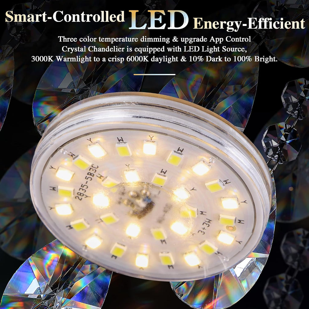 24 inch Crystal Chandeliers With Remote and APP Control, Modern Luxury Flush Mount Gold Ceiling Light, 3CCT Dimmable