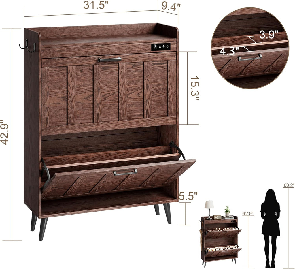 Shoe Storage Cabinet with 2 Flip Drawers, Deodorizing Shoe Organizer Storage , Freestanding Hidden Slim Narrow Shoe