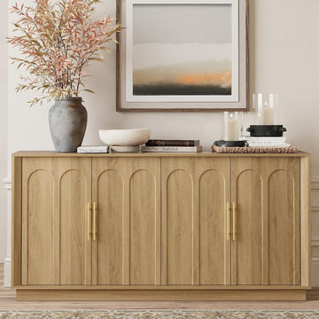 67" Sideboard Buffet Cabinet with Storage, Arched Doors, Oak | Modern Minimalist Accent Cabinet with Wood Gain, Boho