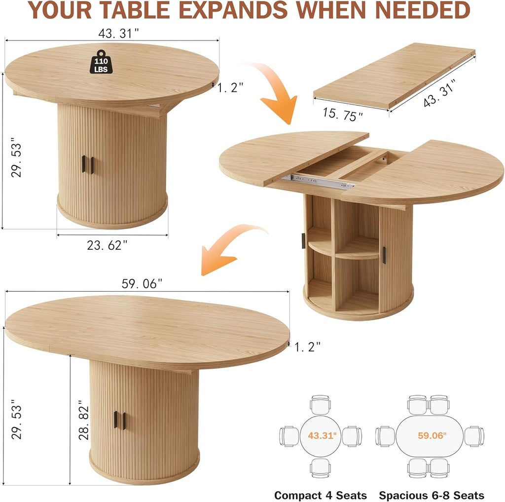 Extendable Dining Table 43-59" for 4-6 People, Solid Wood Top with Fluted Slide Door & 8-Compartment Storage, Space