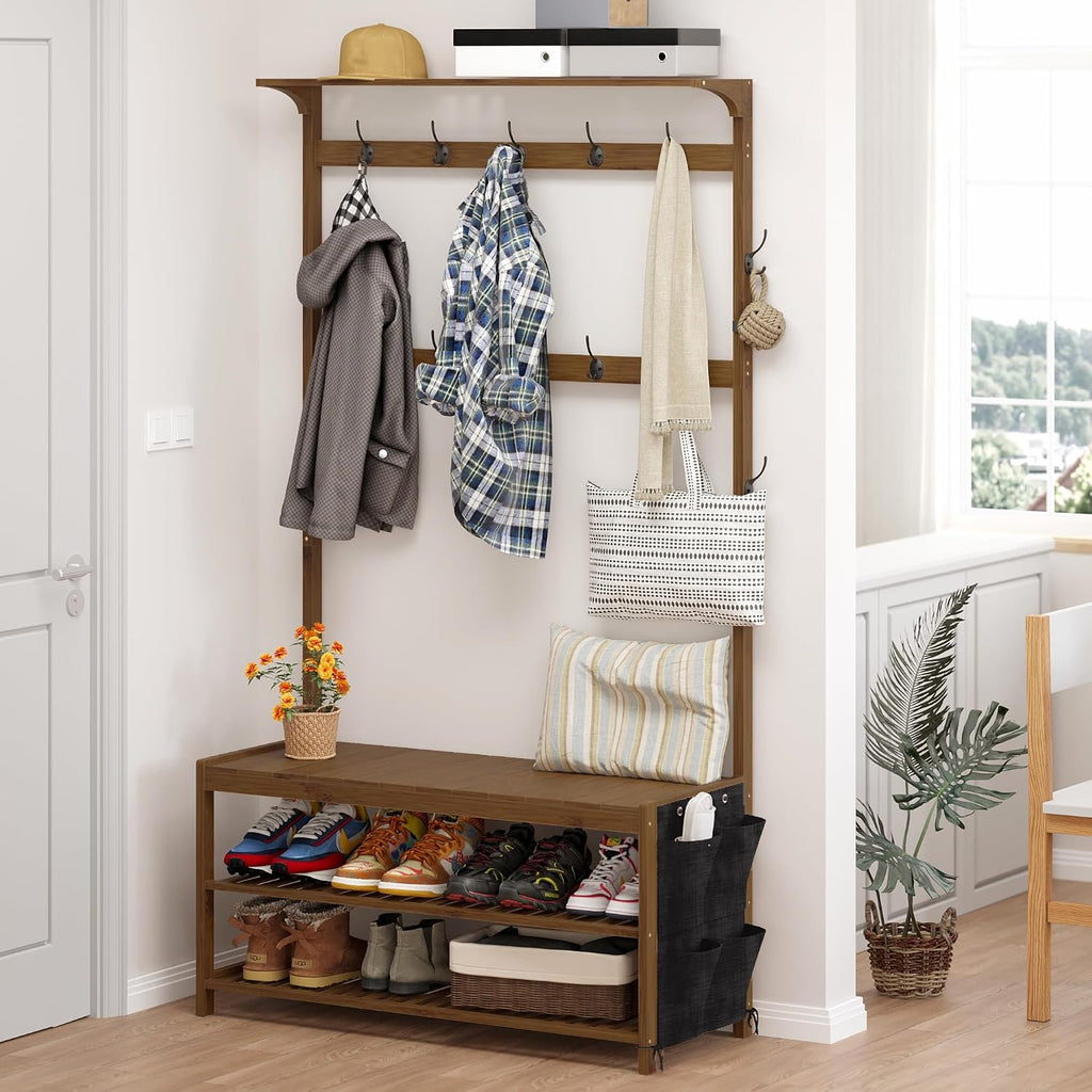 Hall Tree with bench and shoe storage, Entryway Bench with shoe storage, 6-in-1 Coat Rack with Cloth Bag and14 Coat