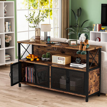 Retro Sideboard Buffet Cabinet with Power Outlet & USB Port, Industrial Wood Farmhouse Coffee Bar Cabinet with Storage