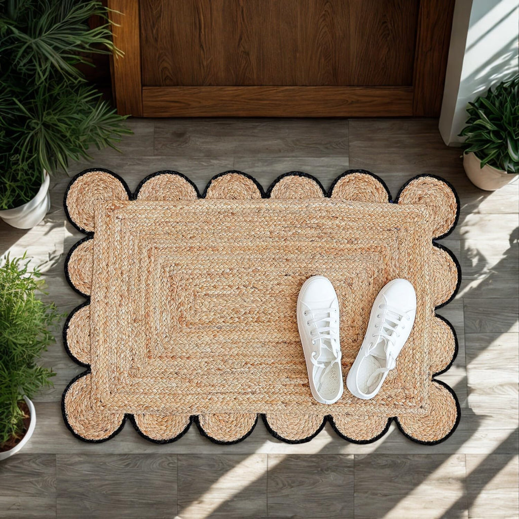 Scalloped Jute Area Rug - 2x3 Ft Natural Handwoven Rug with Black Trim - Farmhouse Boho Entryway Acc