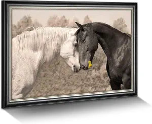 Country Horse Canvas Wall Art: Black Framed Couple Horses Office Painting White Elegant Steeds Portrait Prints Farm