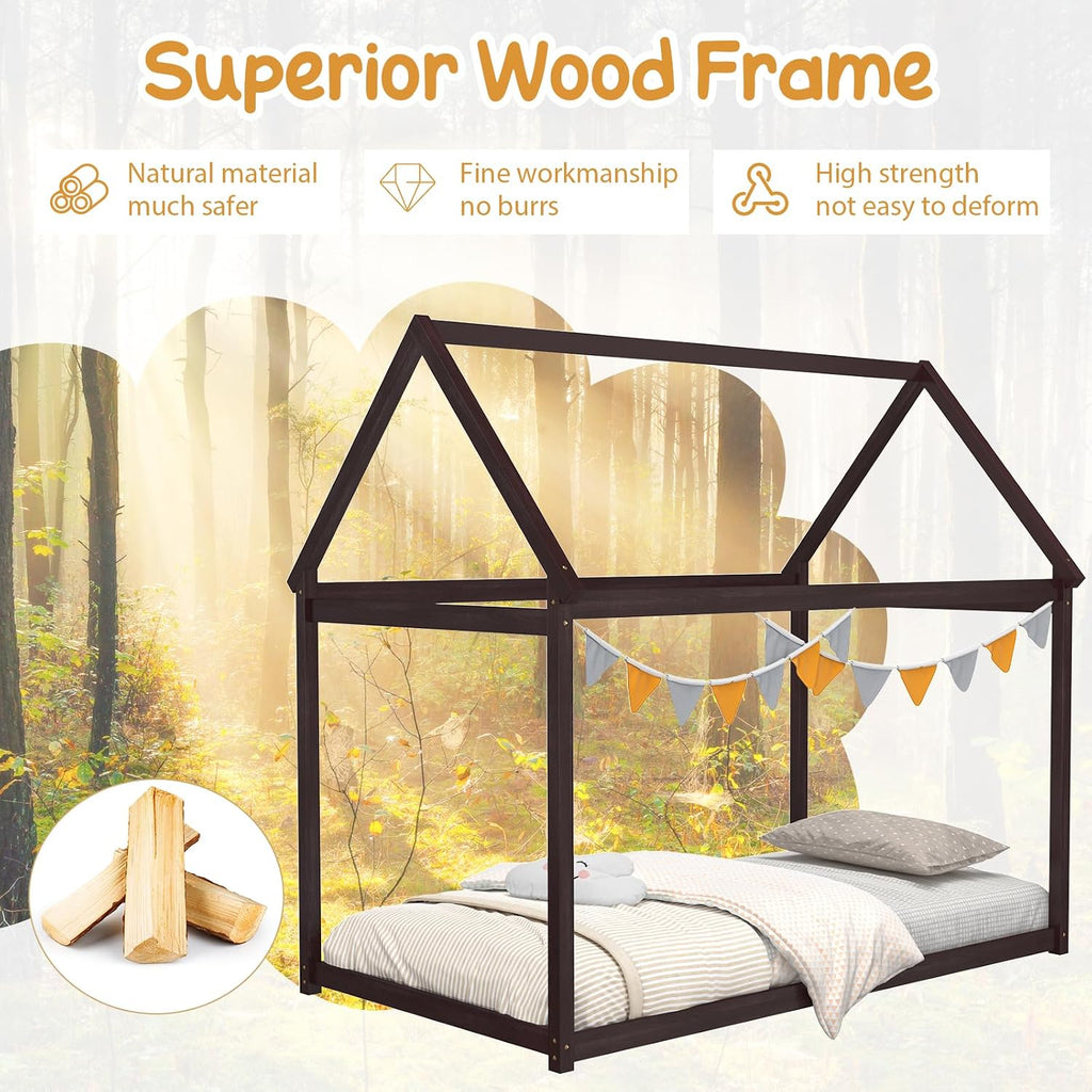 Twin Montessori Bed Frame with House Roof Canopy, Low Floor Bed with Sturdy Wood Slat Support, No Box Spring Needed