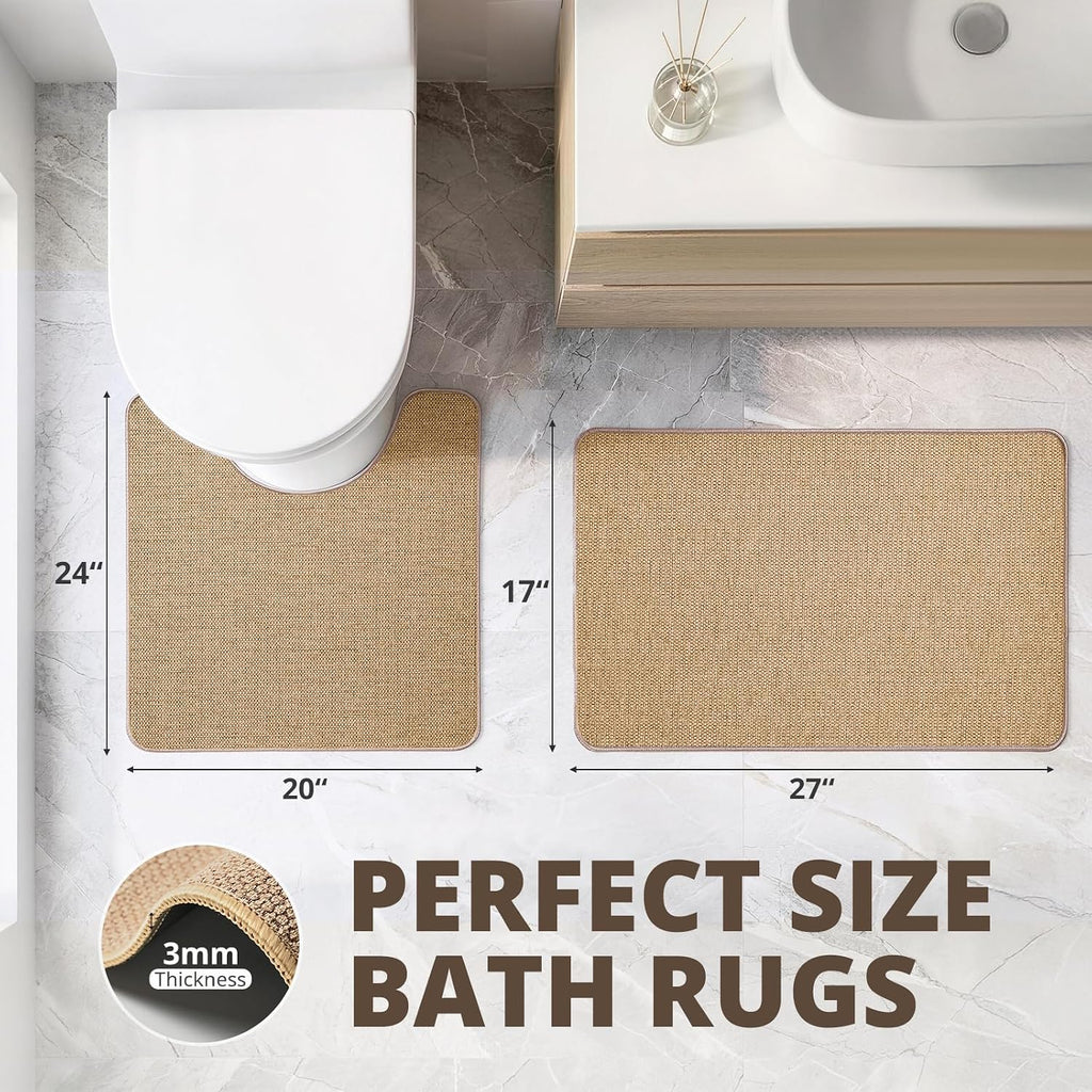 Bathroom Rugs Sets 2 Piece, Thin Bath Mat & U-Shaped Contour Toilet Rug Absorbent Quick Dry, Machine Washable, Non