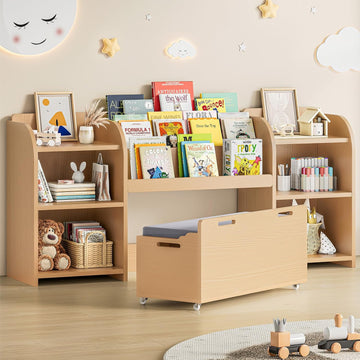 Kids Bookshelf with Reading Nook, 64.5" Toy Storage Organizer with Movable Bench with 3 Storage, Kids Bookcase with