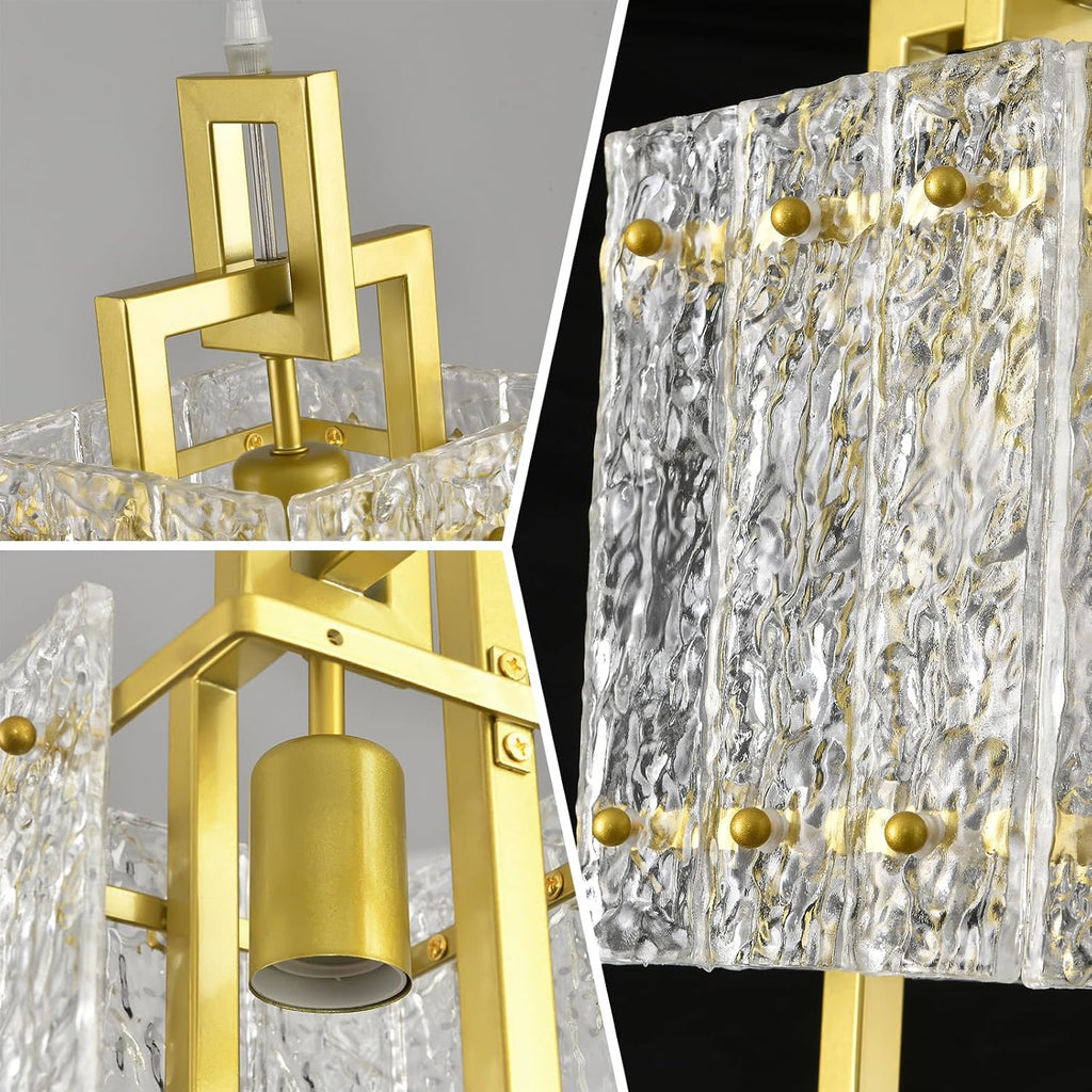 Gold Pendant Light Fixture - Modern Kitchen Island Water Ripple Glass Square Light - Adjustable Hanging Lighting for Kitchen Dining Room Over Island - 1 Pack