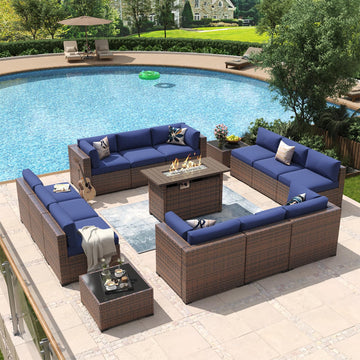 15 Piece Patio Furniture Set with 44" Fire Pit Table Wicker Rattan