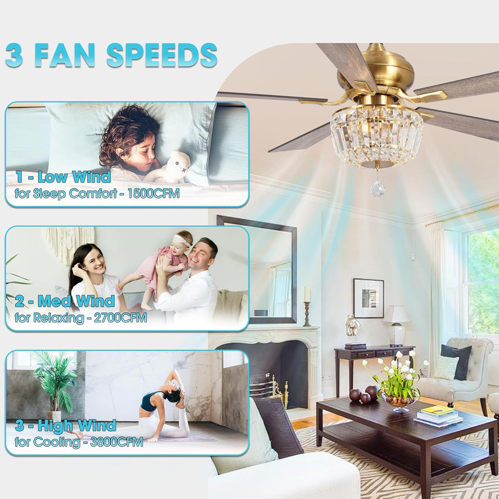 Gold Ceiling Fans with Lights and Remote 52 Inch Crystal Chandelier Ceiling Fan