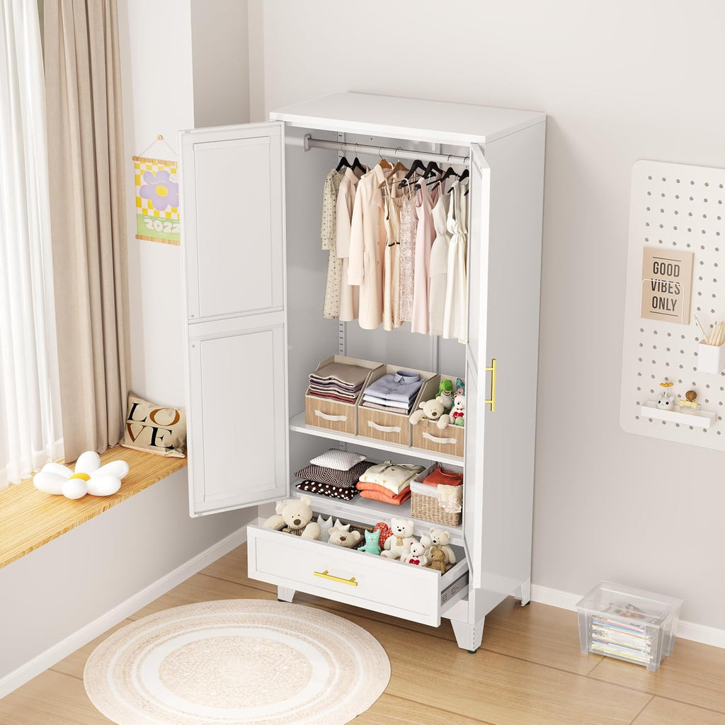 71" H Metal Armoire Wardrobe Closet with Drawer, Adjustable Shelf, Clothes Drying Pole, Clothes Storage Closet (White)
