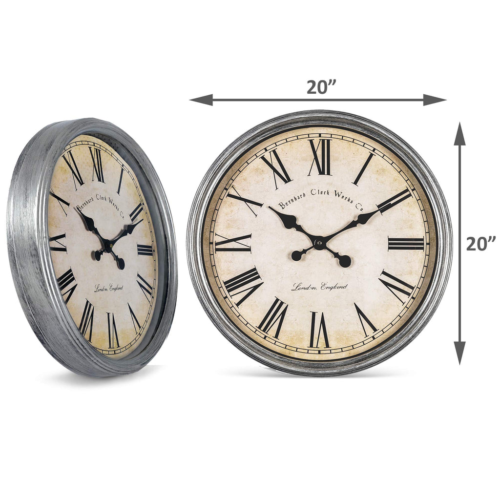 Large Decorative Wall Clock 20 Inch Silent Non Ticking Battery Operated Quartz Vintage Stylish with Rustic Silver Rim
