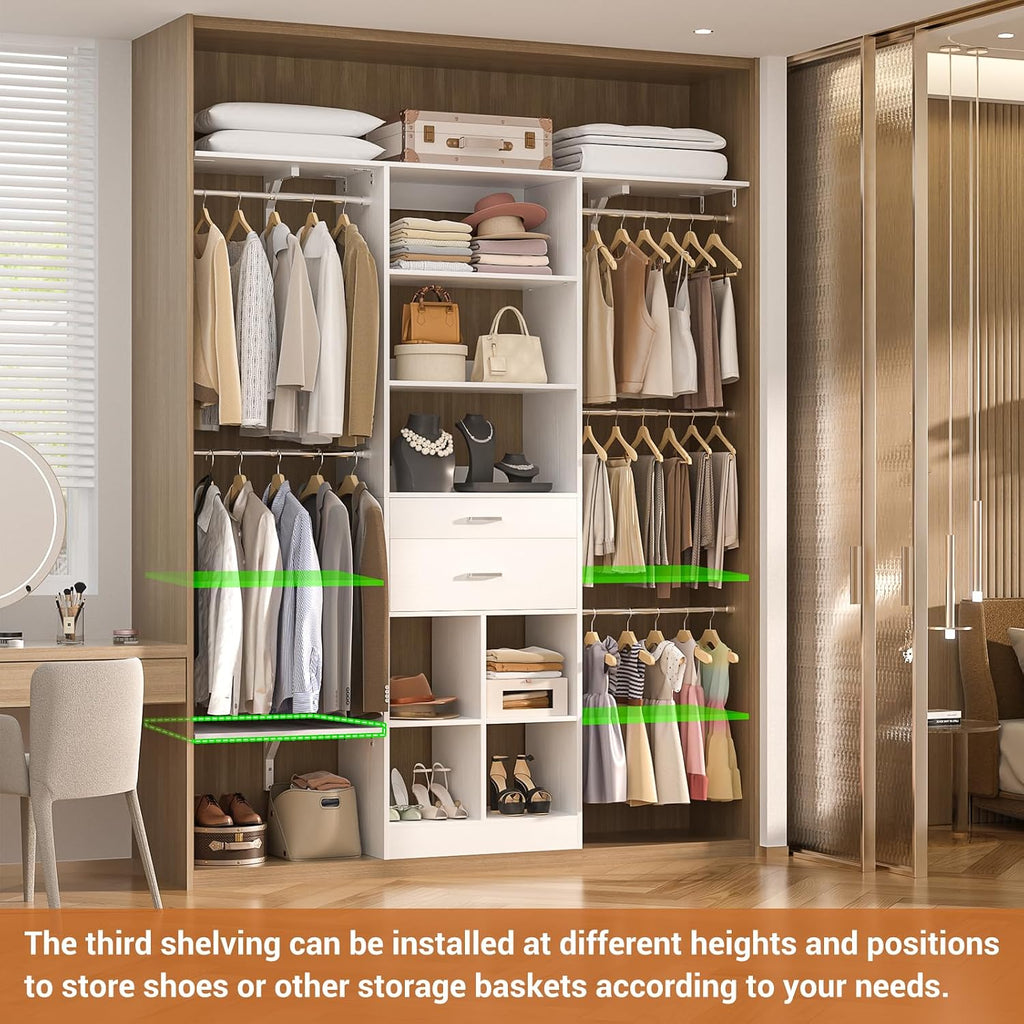 5FT Closet Organizer System with Wooden Drawers, 60 Inches Walk In Closet System With 5 Hanging Rods, Can Fit 1.58 to