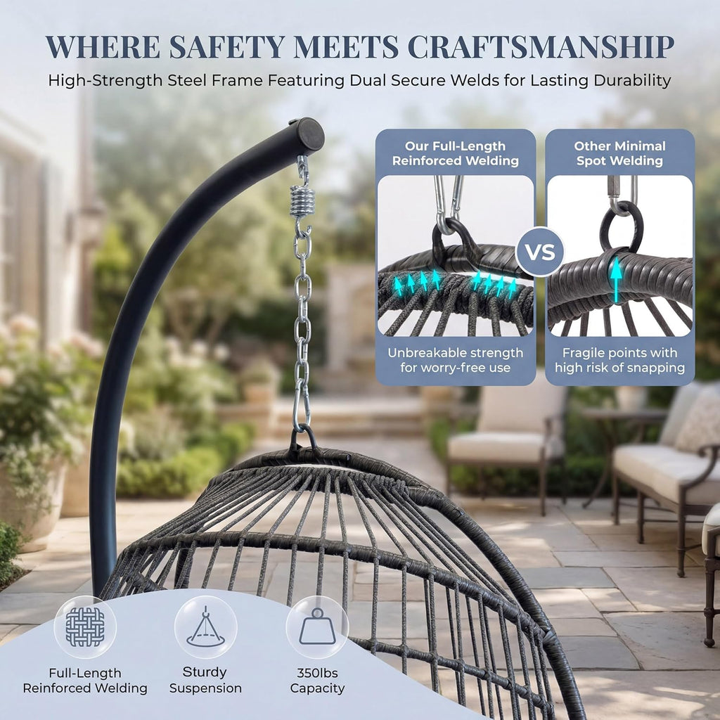 Comfy Indoor Outdoor Egg Chair, Patio Wicker Egg Shaped Swing Chair with Stand, Hanging Basket Seating with Cushion