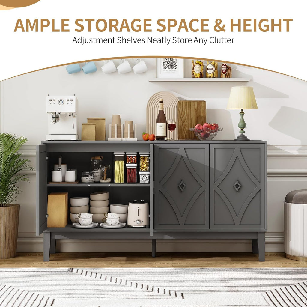 59" Sideboard Buffet Cabinet with Storage, Vintage Accent Cabinet with Diamond Handle and Adjustable Shelf