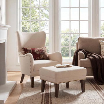 Wingback Accent Chair with Ottoman, Upholstered High Back Reading Armchair and Footrest Set, Nailhead Trim Lounge