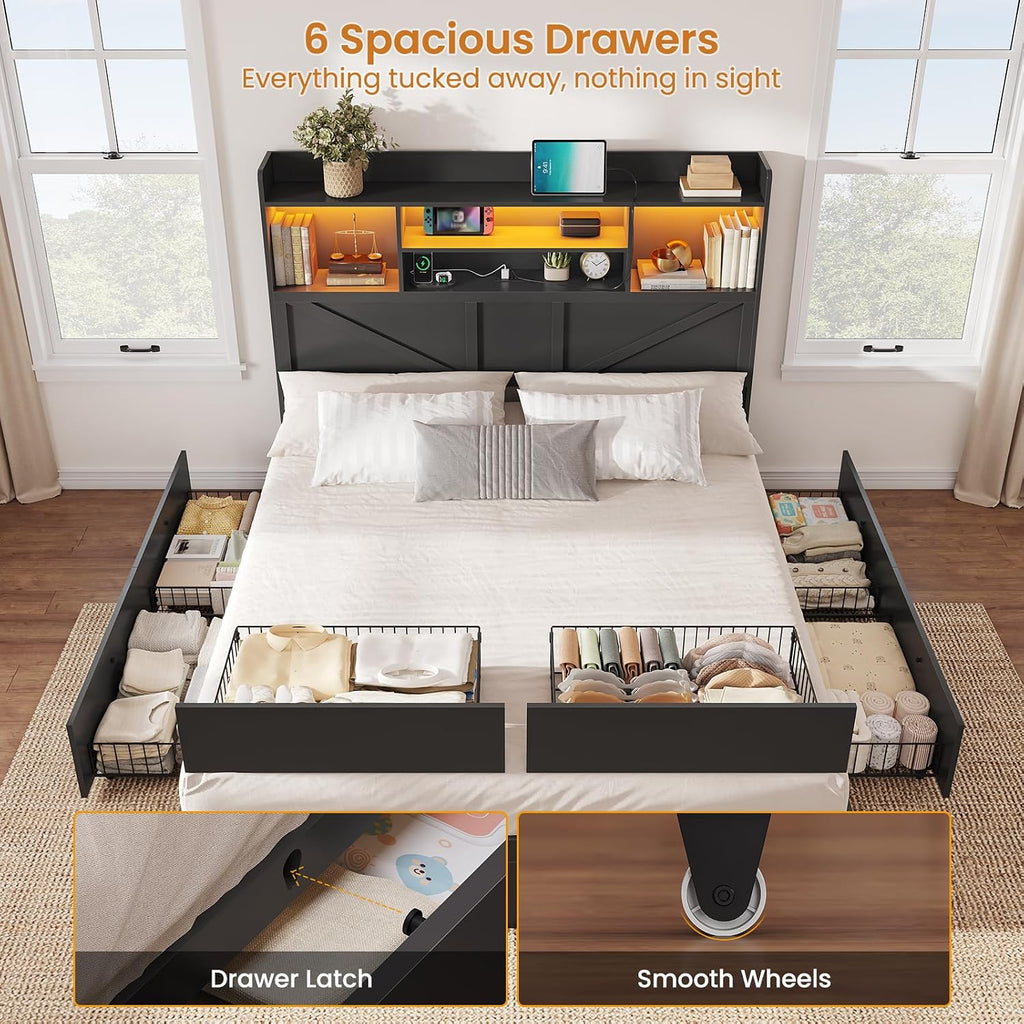 Queen Bed Frame with 6 Storage Drawers, Farmhouse Bed Frame Queen with Bookcase Headboard, LED Lights & Charging
