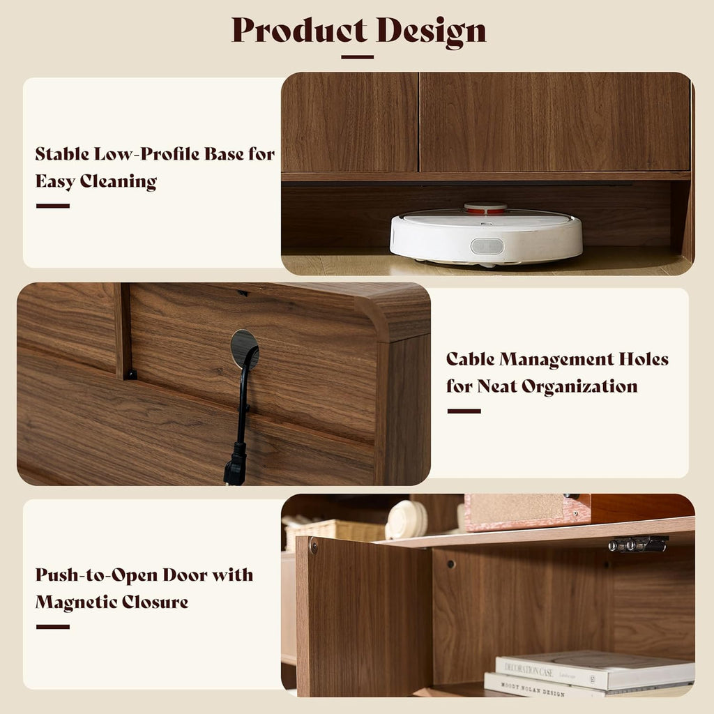 70" Modern TV Stand for TVs Up to 80", Wood TV Console with Curved Profile Design & 2 Storage Cabinets, Media Console