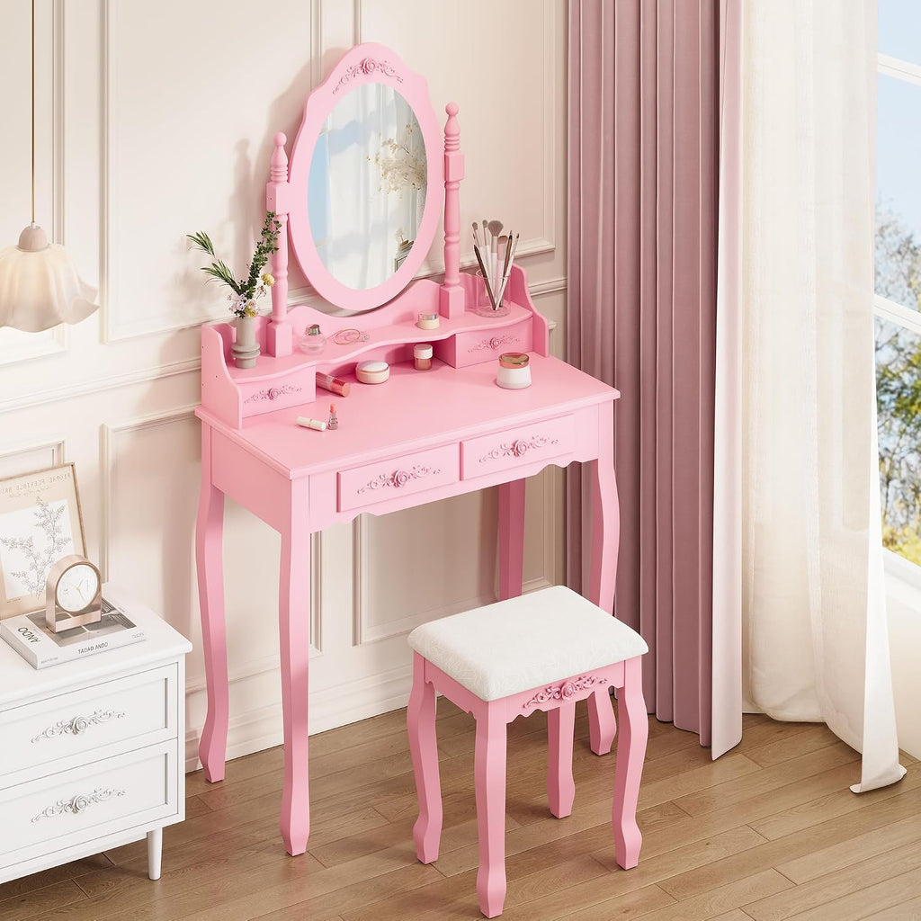 Vanity Desk Set with Mirror & Stool for Girls, Pink | Makeup Vanity Table and Cushioned Stool Set with 4 Drawers