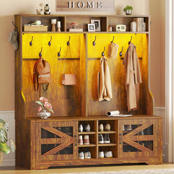 Hall Tree with Bench and Shoe Storage, 5-in-1 Entryway Bench with Coat Rack, 16 Shoe Cubbies & 12 Coat Hooks, Barn
