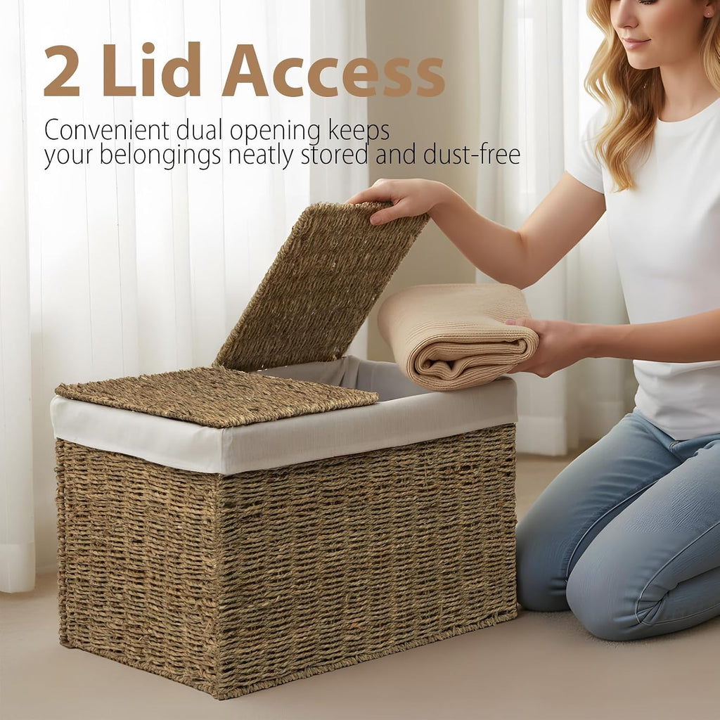 Handwoven Wicker Storage Basket with 2 Lids & Liners, Large Shelf Basket for Clothes, Toys, Blankets, Foldable