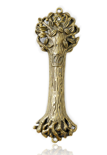 Bless This House, Tree of Life - Mezuzah Case, Wooden Texture Gold Color Design Crafted with David Star, for Jewish