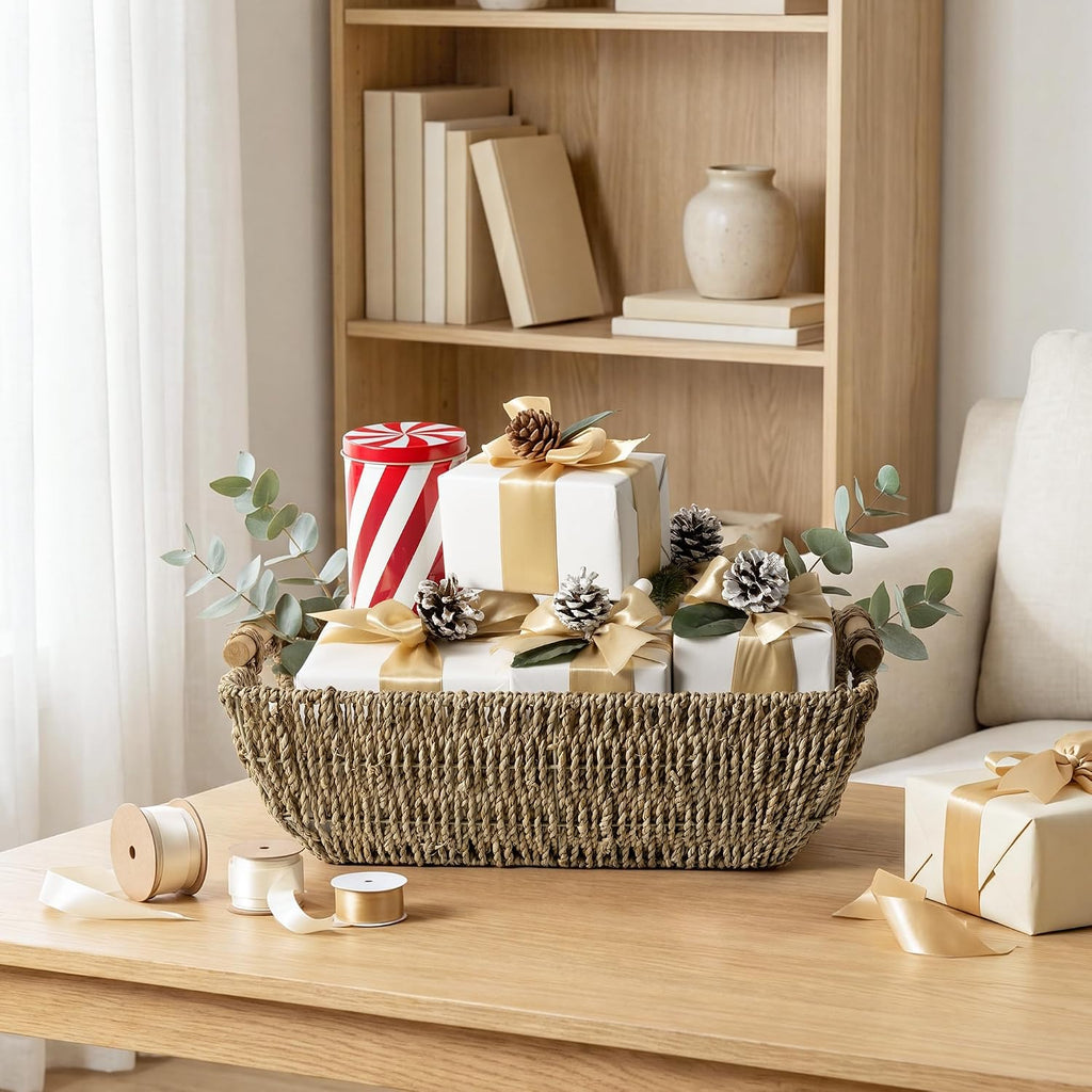 Hand-Woven Jumbo Storage Baskets with Wooden Handles, Seagrass Wicker Baskets for Organizing, 2-Pack