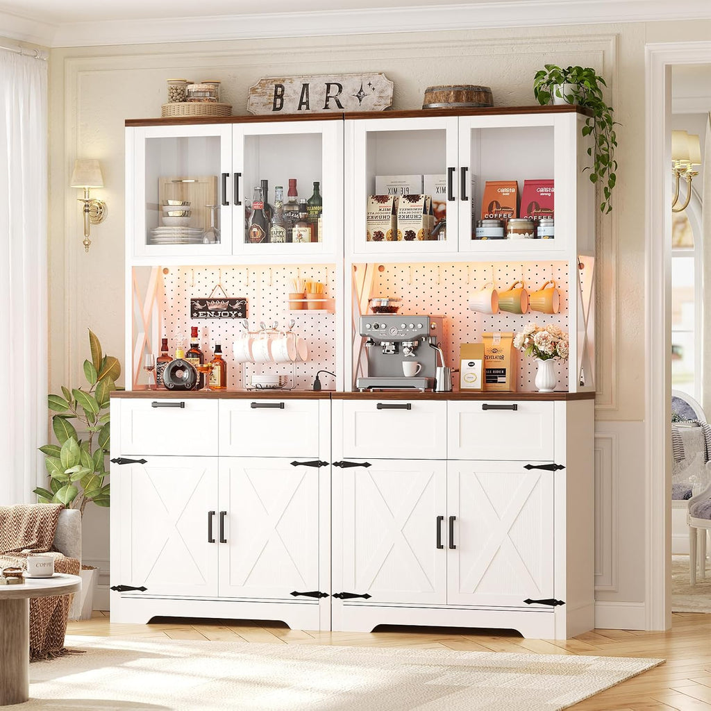 71" Kitchen Pantry Cabinet with LED Light & Outlet, Microwave Stand