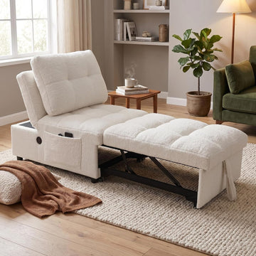 Convertible Sleeper Chair Bed with USB Charging Port, Adjustable Teddy Fabric Sofa Chair Bed with Side Storage