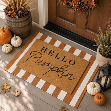 Hello Pumpkin Layered Doormat Set, White Orange - Set of 2