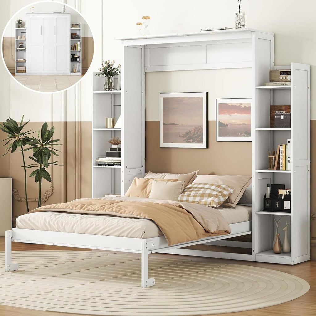 Full Murphy Bed, Wooden Full Murphy Wall Bed with Shelves and LED Lights, White