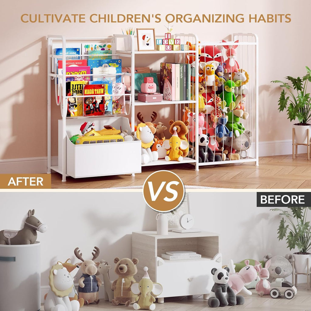 Kids Bookshelf and Toy Storage Organizer, 3-in-1 Toddler Montessori Bookcase with Stuffed Animal Storage & Movable