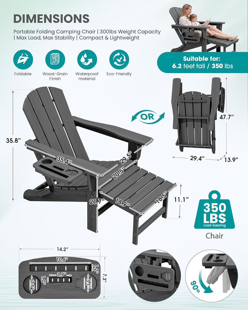 Folding Adjustable Adirondack Chair with Footrest, HDPE Outdoor Chair with 4-in-1 Cup Holders, All Weather Adirondack
