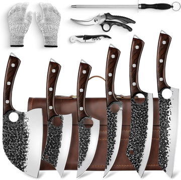 Serbian Chef Knife Set - 6 PCS Hand Forged Knife Set with Bag | Japanese ATS-34 Steel, Hand Forged Full Tang Knife