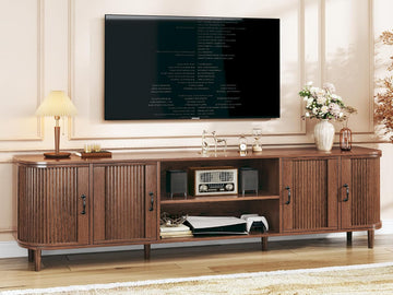 TV Stand for 75 inch TV, Mid Century Modern Entertainment Center for 55/60/65/75 inch TV, with Fluted Door Cabinets & Open Shelves, TV Consoles, Walnut