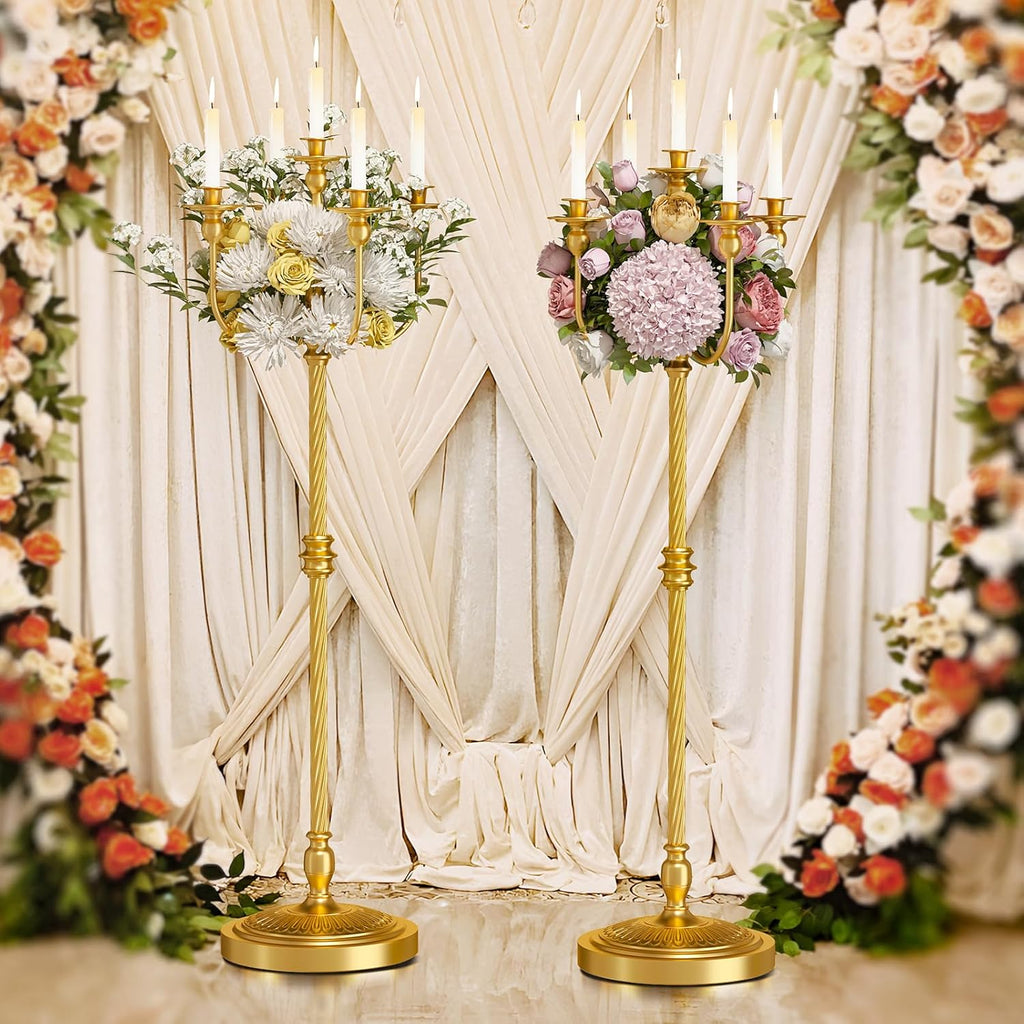 2 Pcs Floor Candelabra 50 Inch Gold Candelabra Centerpiece 5 Arms Floor Standing Candelabra Gold Candlestick Holder