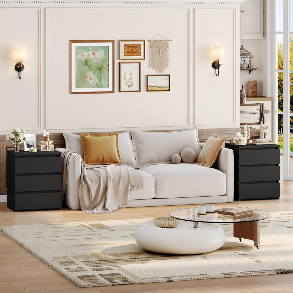 Nightstands Set of 2 with 3 Drawers, Black Nightstand Bedside Table Set of 2 , 17.7W*15D*21.7H Bedroom Night Stands