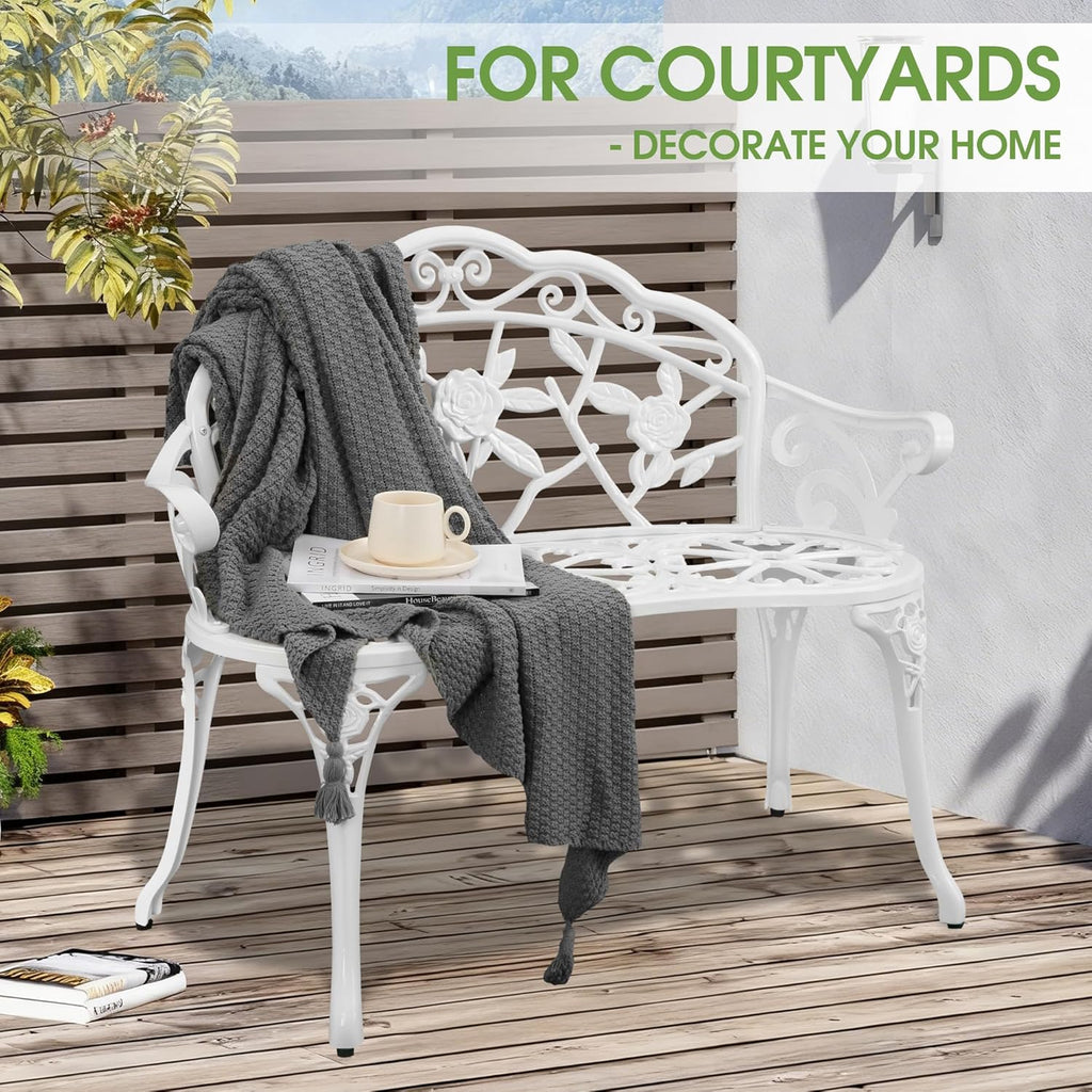 Outdoor Bench, Cast Aluminum Double Seating with Backrest and Armrests, Mental Outdoor Furniture , Porch, Garden