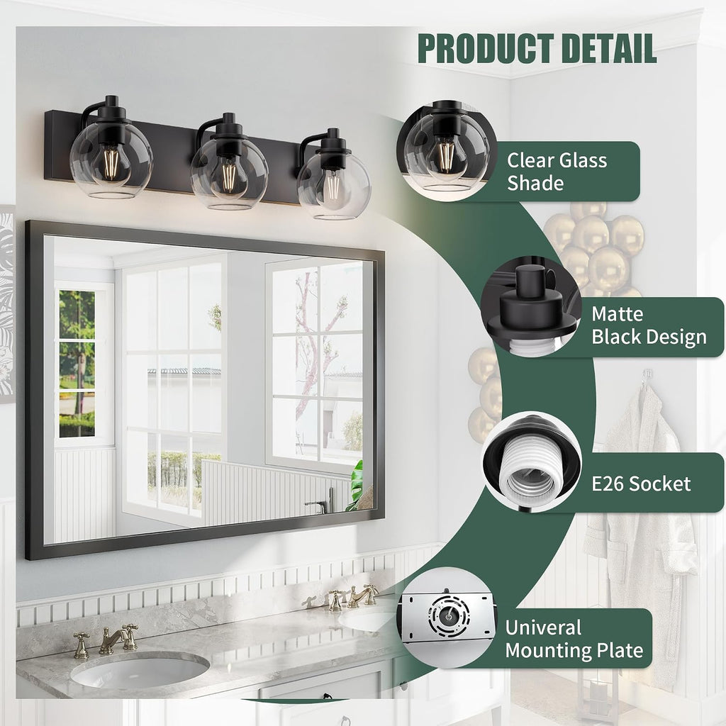 Bathroom Light Fixtures-Matte Black Vanity Lights , Modern Black Vanity Lights 3-Light Bathrooms Lighting Fixtures
