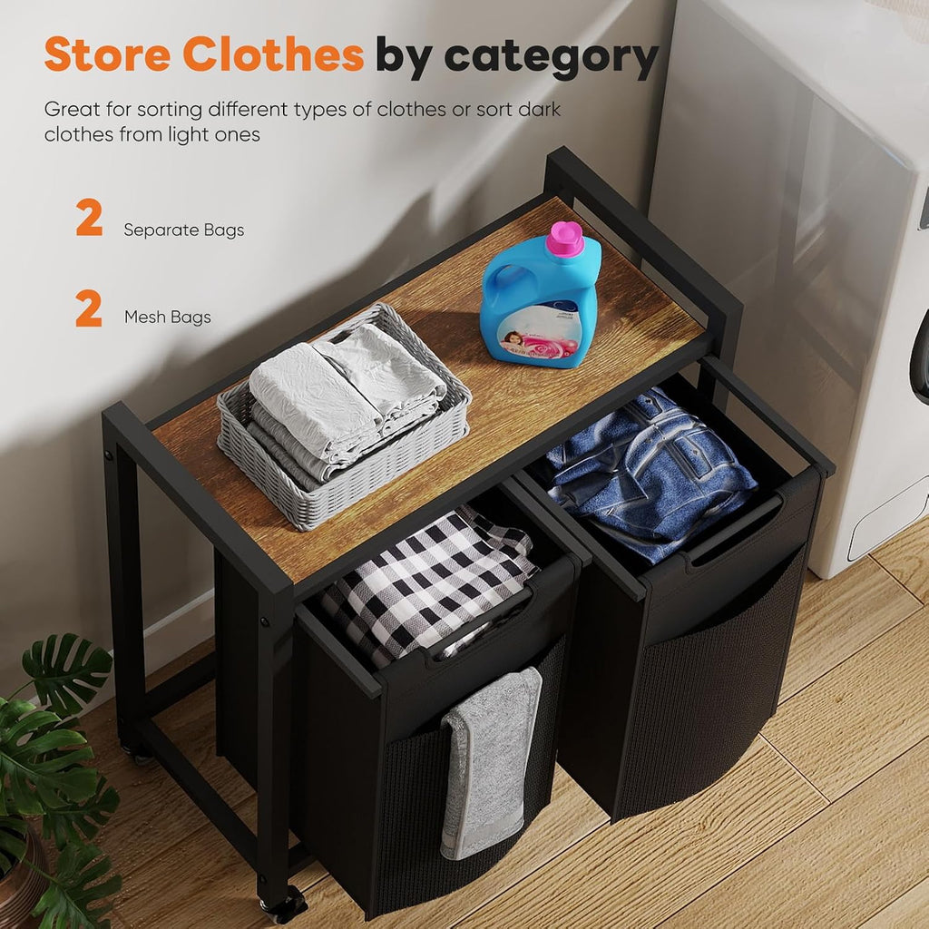 Laundry Hamper with 2 Pull-Out Removable Sorter Bags, Movable Wheels, Freestanding Clothes Basket Organizer , 2 x