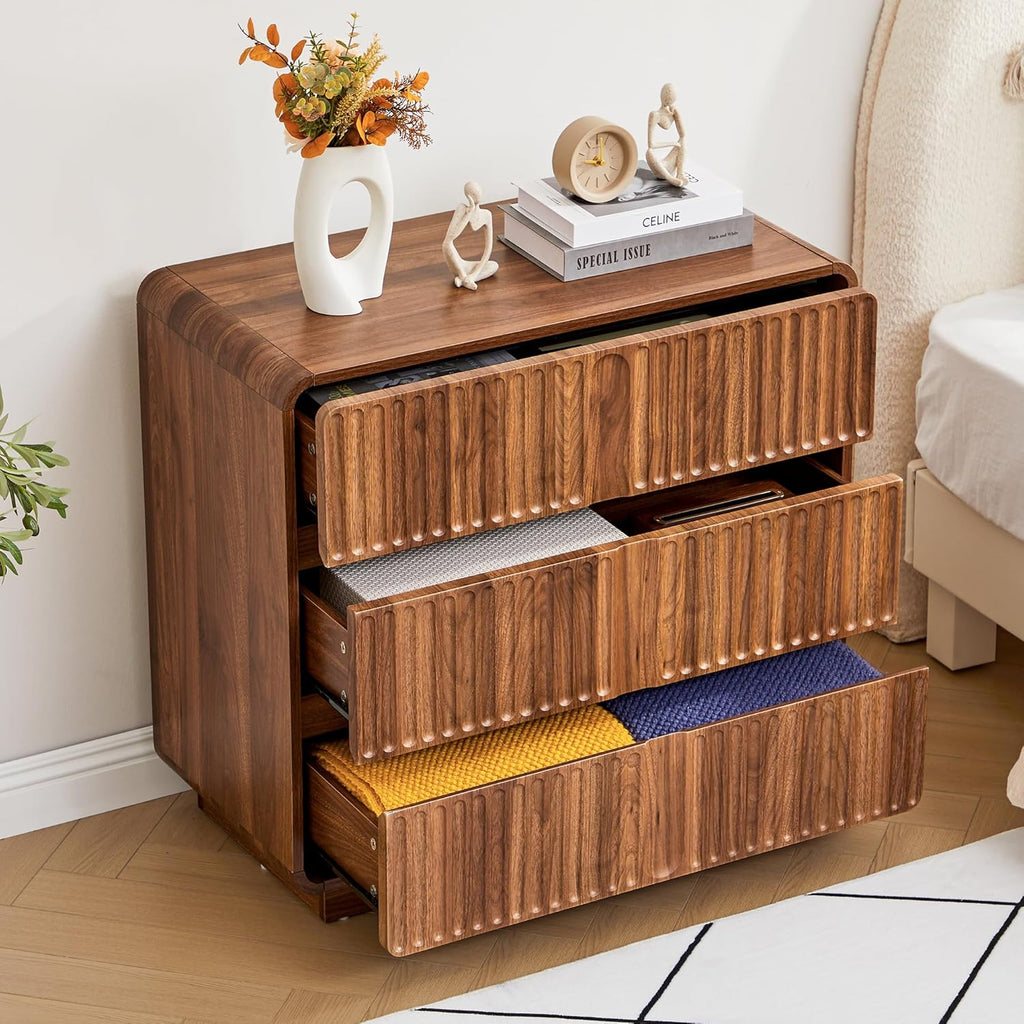 3 Drawer Dresser, 31.5" Wide, Walnut Brown | Mid Century Modern Wood, Chest of Drawers, Fluted Design, Living Room